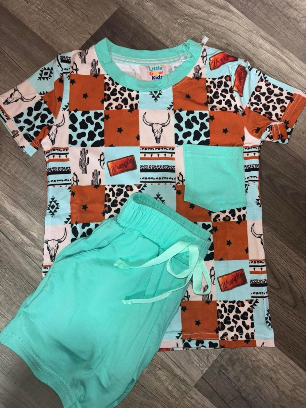 BAMBOO Teal & Rust Patchwork Short Sleeve Kids Pajama Set